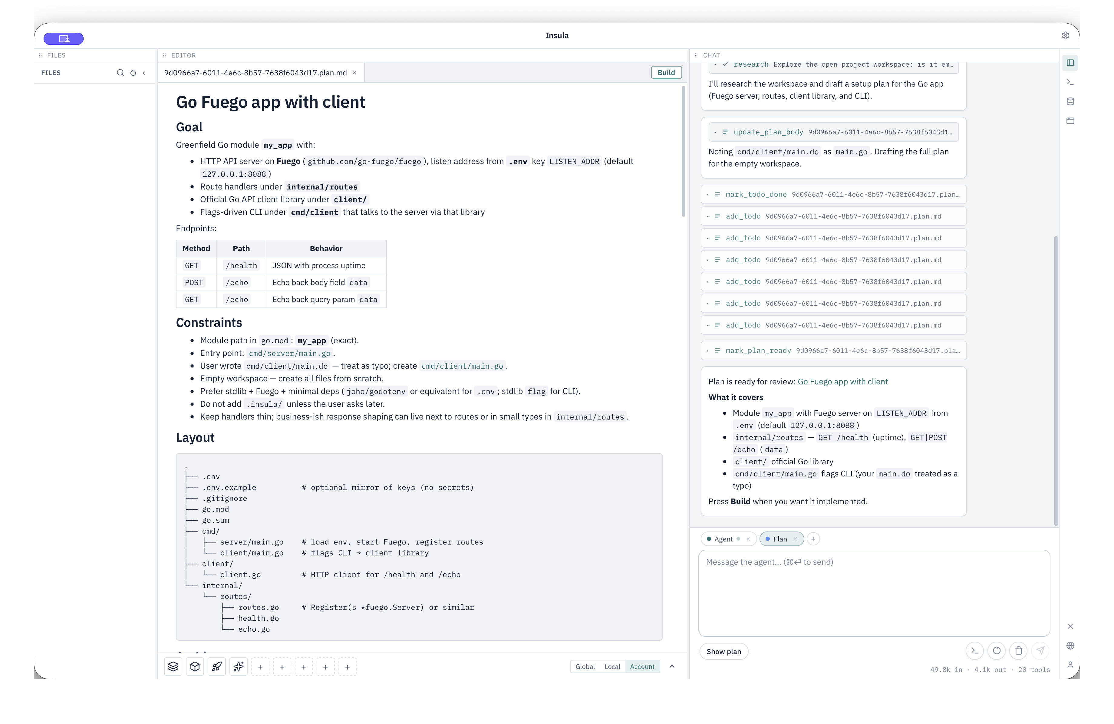 Plan ready for review: Go Fuego app with client
