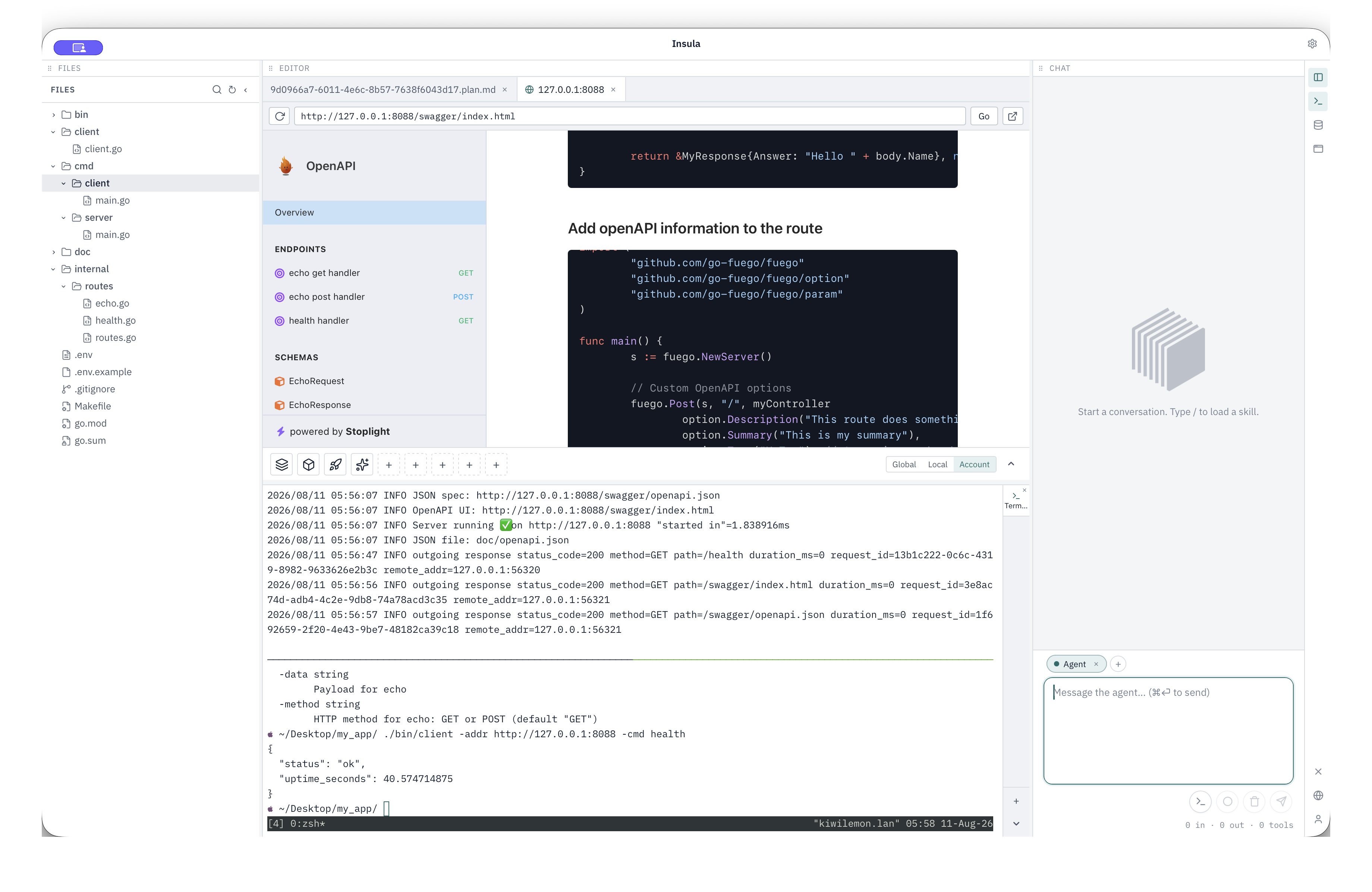 Built my_app with Swagger, terminal, and chat